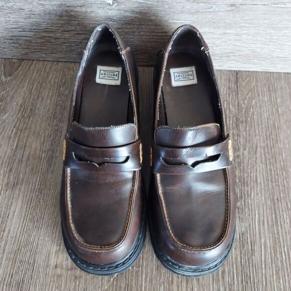  Vintage 90s Arizona Jean Brown Chunky Heel Loafer Shoe Size 7 - Picture 3 of 11